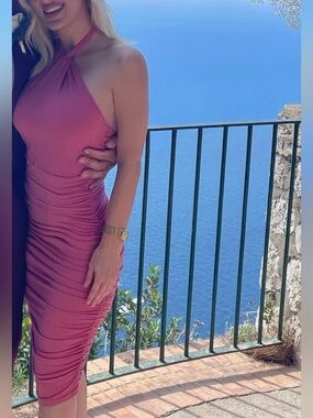 Sleeveless Halter Ruched Pink Dress